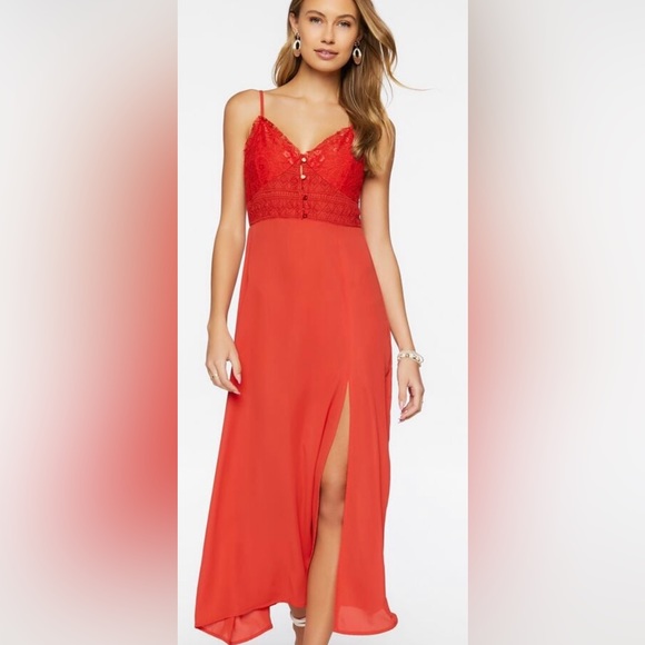 5/$10 Red Lace Slit Midi Dress - Picture 1 of 8